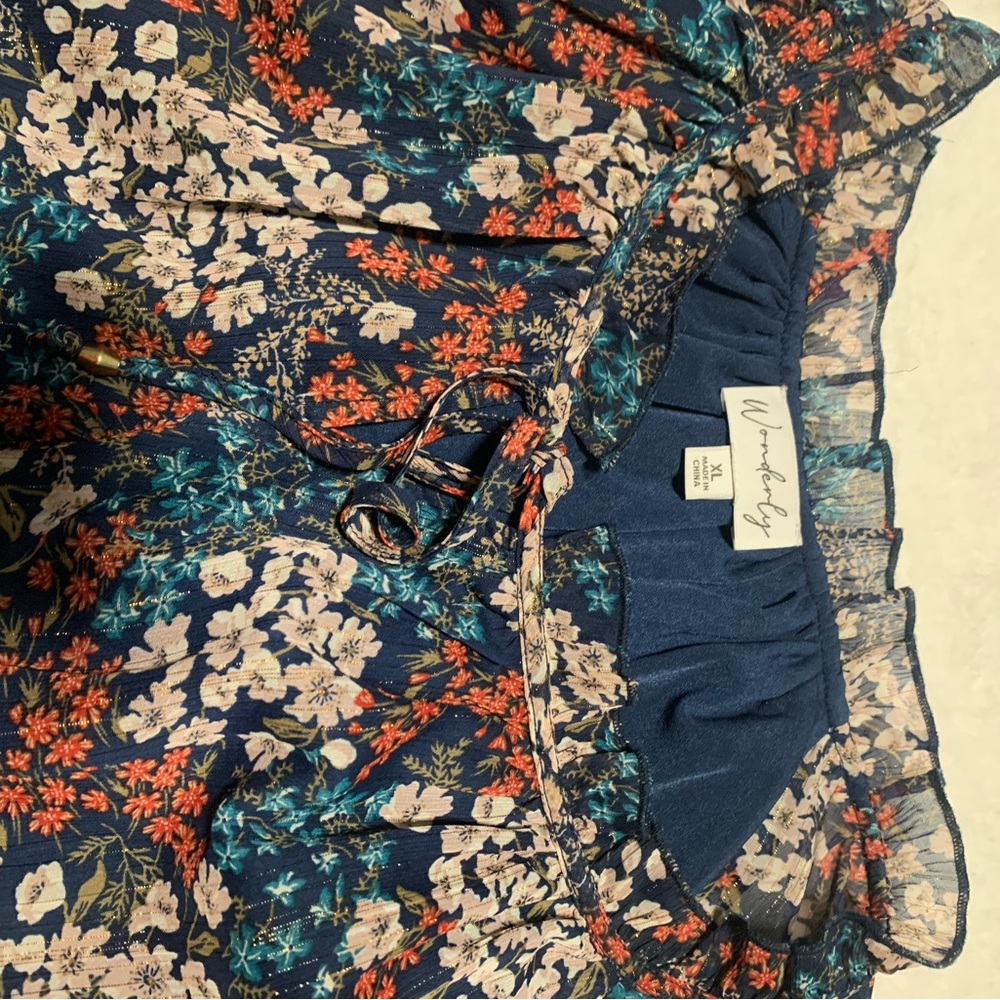 Wonderly Navy Floral Blouse with Orange and Cream Accents Ruffle Sleeves! - Picture 2 of 14